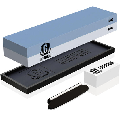 Knife Sharpening Stone Kit - Goodjob Premium Japanese Whetstone Knife Sharpener Stone Set - Dual Grit 1000/6000 Water Stones with Non-Slip Silicone Base, Angle Guide, Flattening Stones
