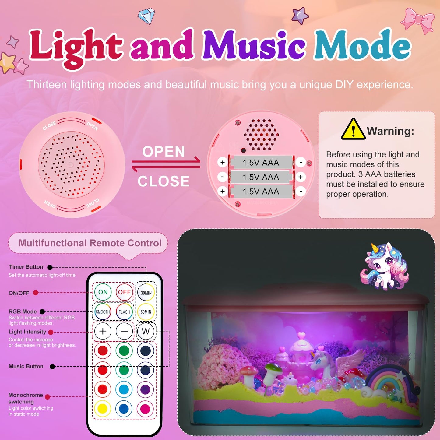 HYASIA Unicorn Light-Up Terrarium Kit for Kids - Night Light with Remote & Music, DIY Arts and Crafts for Kids Ages 8-12, Perfect Birthday Hoilday Graduation Gifts for 4-12 Year Old Girls
