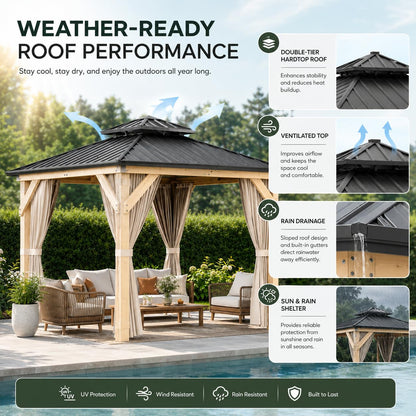 10x10 FT Hardtop Gazebo Outdoor Wooden Pavilion with Cedar Wood Frame Double Galvanized Steel Roof Netting and Curtains Heavy Duty Weather Resistant Patio Shelter for Garden Backyard Khaki