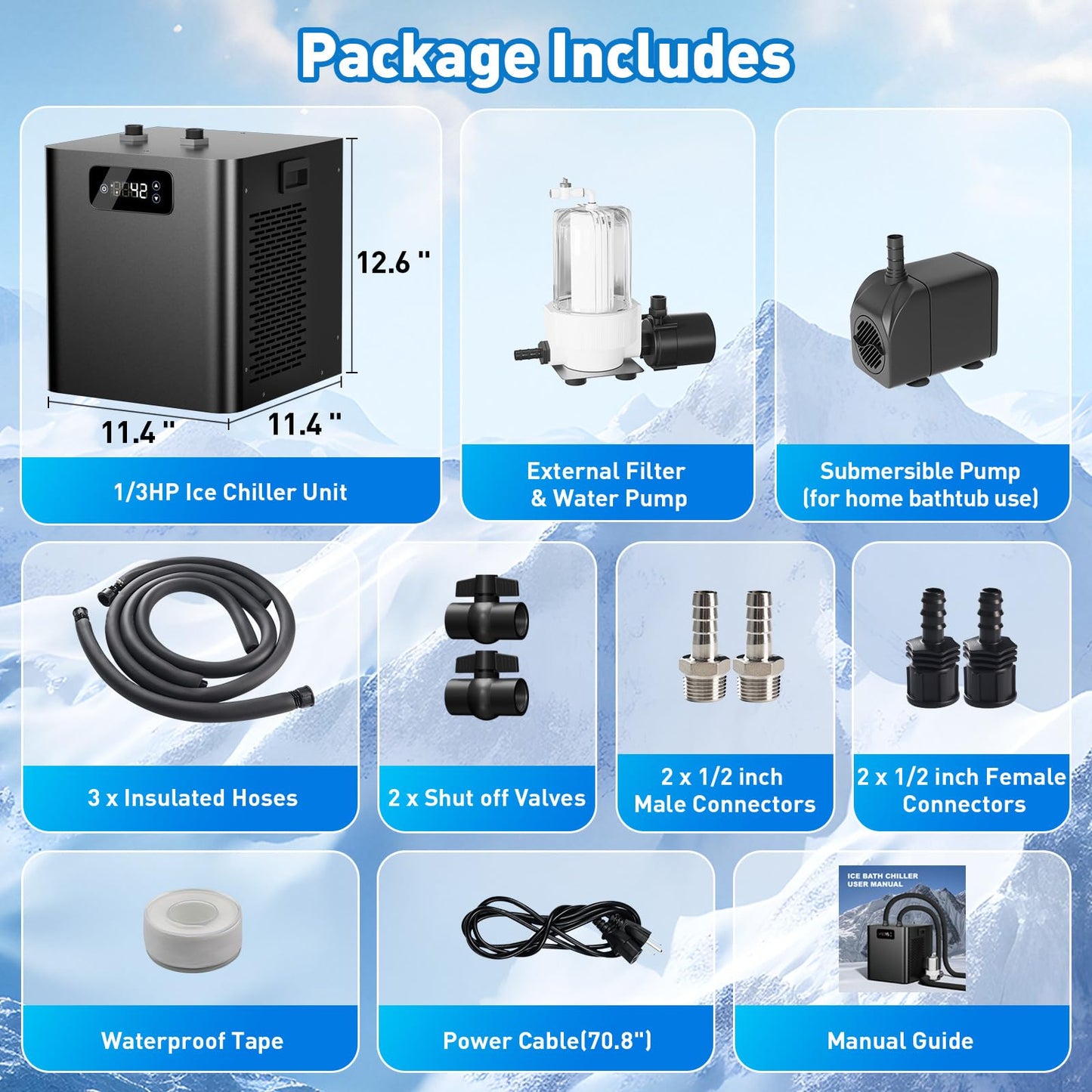 1/3 HP Cold Plunge Chiller & Ice Bath Tub Kit, Ice Bath Chiller with External Filter & Pump, 100Gal Ice Pod, Round Ice Plunge Tub, Cold Plunge Tub with Water Chiller for Cold Therapy