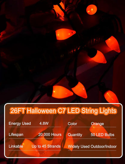 26ft C7 50 SUNSGNE Orange String Lights Outdoor, Halloween Outdoor Light with LED Orange Lights for Halloween Yard