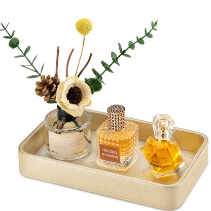GORESE Gold Perfume Tray, Decorative PU Leather Jewelry Tray for Dresser and Nightstand Organizer, Catch-All Vanity Tray for Purse Bowl, Trinket, Key & Daily Essentials, Luxury Gift for Women