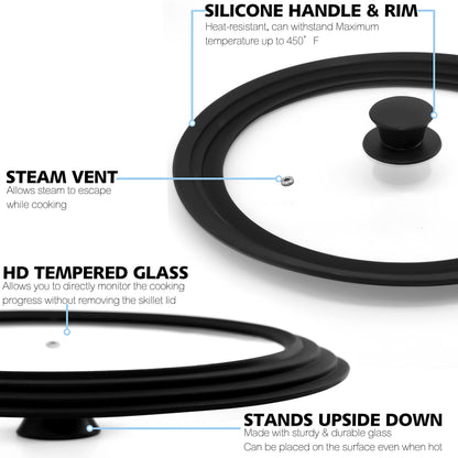 Anaeat Silicone Universal Lid for Pots, Pans and Skillets - Tempered Glass Covered with Heat Resistant Silicone Rim Fits 9.5", 10" and 11" Diameter Cookware -Easy to Use Replacement Frying Pan Cover