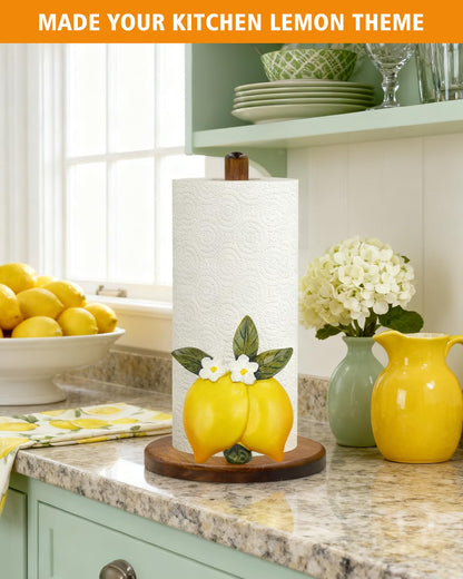 Lemon Paper Towel Holder, Yellow Lemon Kitchen Decor for Countertop, Gifts for Women, Wooden Stand with 3D Resin Fruit Accent, Non-Slip Base, Fits Standard & Jumbo Rolls