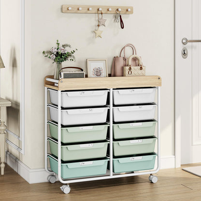 10 Drawers Rolling Cart with Wooden Tabletop, Utility Storage Cart with Wheels, Art Supply Craft Organizer on Wheel with Metal Frame & Handles for Home Office School,Green