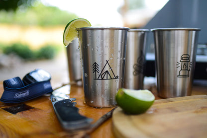 Magic Pine Set of 4 Stainless Steel Cups with Camping Theme - Camping Gift for Men or Women, Decor for Your RV or Camper - 16oz Capacity - Glasses Safe for Kids