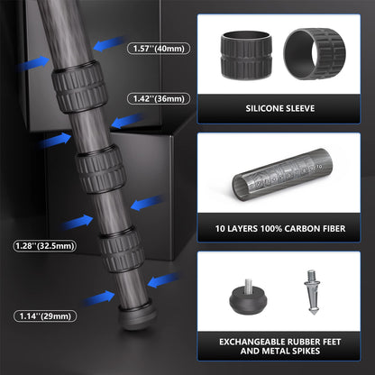 Heavy Duty Tripod Carbon Fiber Camera Tripod WEYLLAN LX9 Professional Tripod Camera, 10 Layers Carbon Fiber Tube, with 40mm Leg Tube, Durable Carbon Bowl Tripods for DSLR Camera Max Load 88lbs/40kg