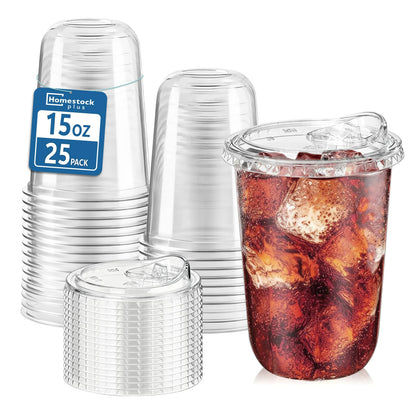 Homestockplus 25 Pack 15 oz BPA-Free Clear Plastic Cups with Strawless Sip Lids - Leak-Proof Round Bottom Disposable Iced Coffee Cups for Kids, To-Go Cold Drinks, Ideal for Small Parties & Daily Use