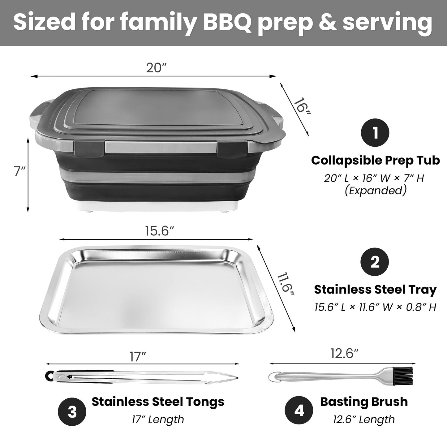 Collapsible BBQ Prep Tub with Lid, 4-Piece 16L Foldable Meal Prep & Marinating Container Set with Stainless Steel Tray, Tongs & Brush, Prep Surface for Food Cutting, Kitchen, Camping & Outdoor Cooking
