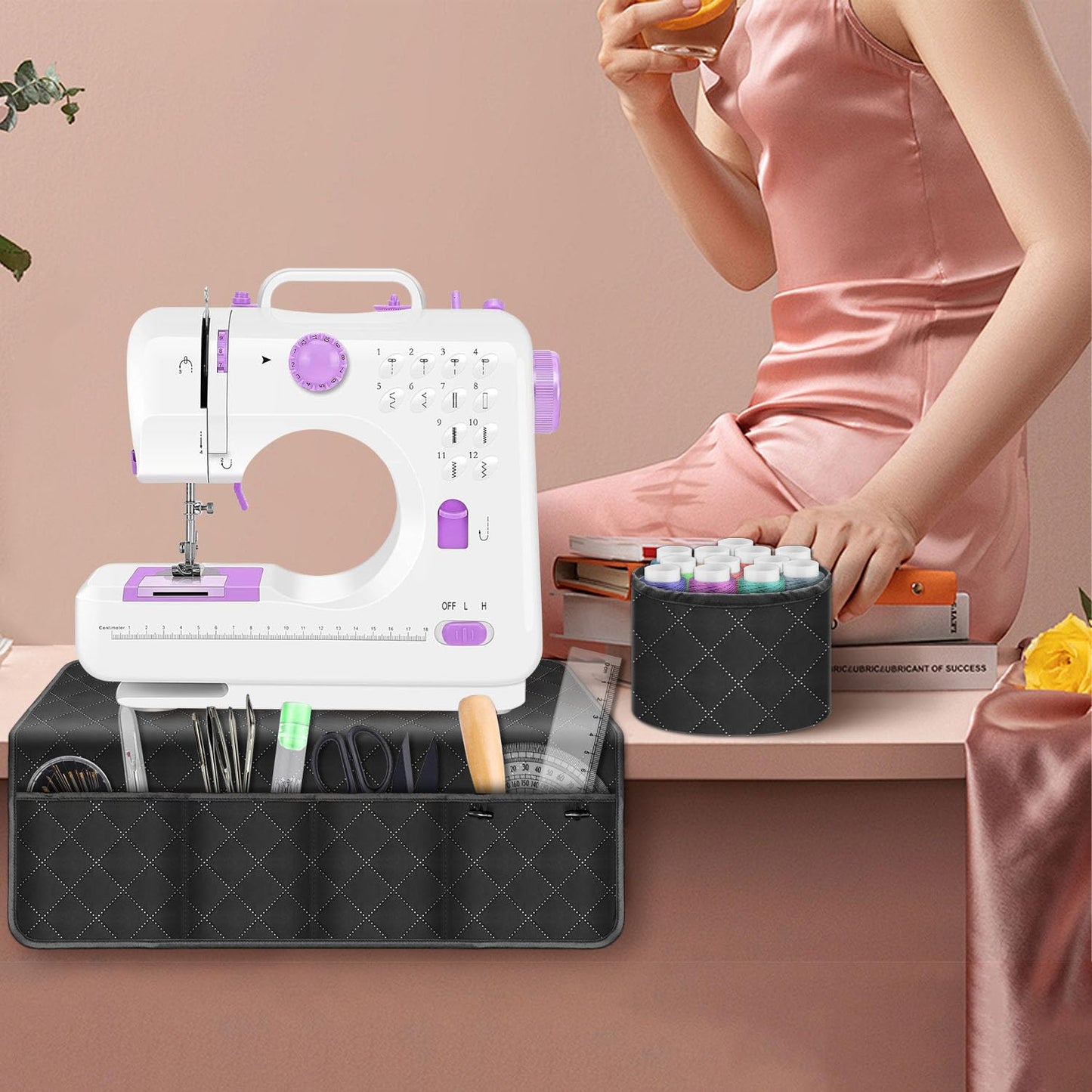 Grekos Sewing Machine Pad for Table, Non-Slip Dust Cover Complete with Pockets Fabric & Parts Organizer, Dust cover for Sewing Accessories, Kits and Supplies