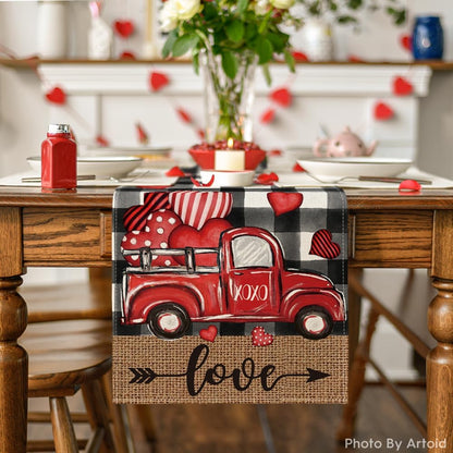 Artoid Mode Watercolor Buffalo Plaid Hearts Truck Love Valentine's Day Table Runner, 13 x 36 Inch Kitchen Dining Table