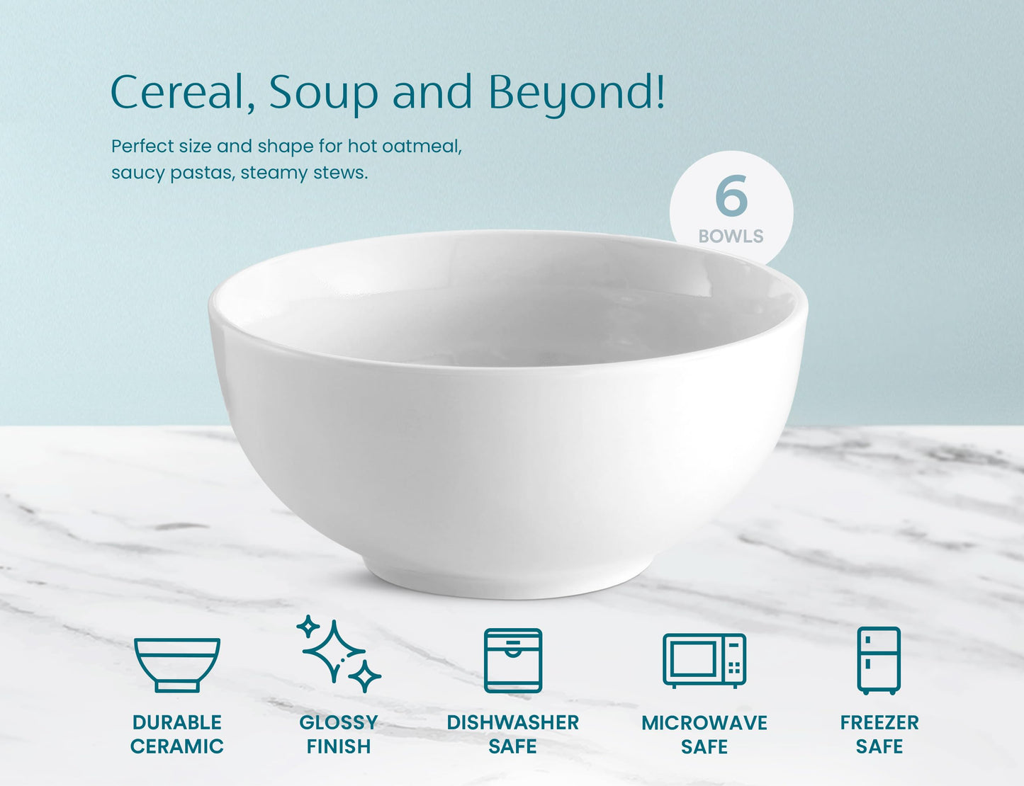 KooK Ceramic Cereal Bowls, Microwave, Dishwasher and Freezer Safe, Porcelain Dishes for Soup, Pasta, Salad, Oatmeal, Deep Interior, 24 oz, Set of 6, Marshmallow White