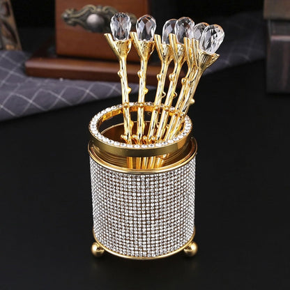 6Pcs Mini Tea Spoons Set, Gold Dessert Spoons with Holder, Zinc Alloy Small Delicate Spoons for Mixing, Ice Cream, Cake