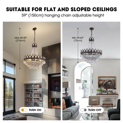 7PM French Empire Crystal Chandeliers, Vintage Crystal Chandelier, Antique Bronze Chandelier, Rustic Farmhouse Ceiling Light Fixture for Dining Room Bedroom Living Room Kitchen Foyer, W 24"