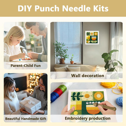 DOODLREAM Geometric Flowers Needle Kit for Beginner, 9.4"x 9.4" Abstract Floral Punch Stitching Craft Set, Modern DIY Embroidery Starter with Printed Frame, Instruction, Threader, Yarn, Pinch Needle