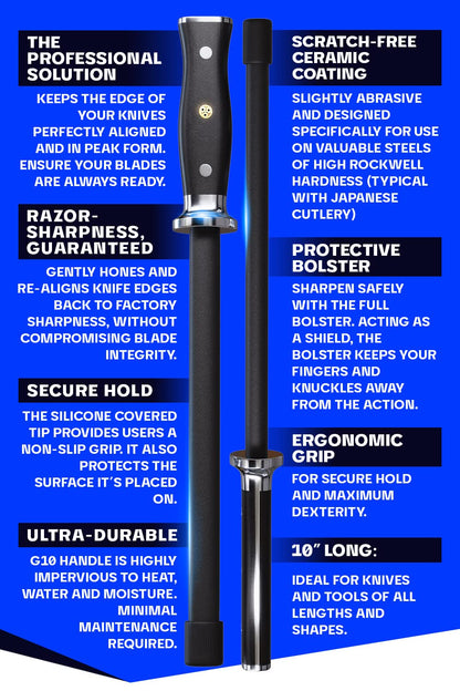 Dalstrong Honing Rod - 10 inch - G10 Handle - Stainless Steel Core - Scratch-Free Ceramic Coating - Kitchen Knife Sharpener Chef Knife Polish - Professional Honing Steel - Sharpening Rod