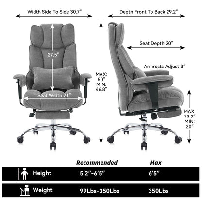 Efomao Executive Office Chair, Soft-Cushioned Computer Chair with Foot Rest, Fabric Home Office Desk Chairs, Big and Tall Office Chairs, Grey
