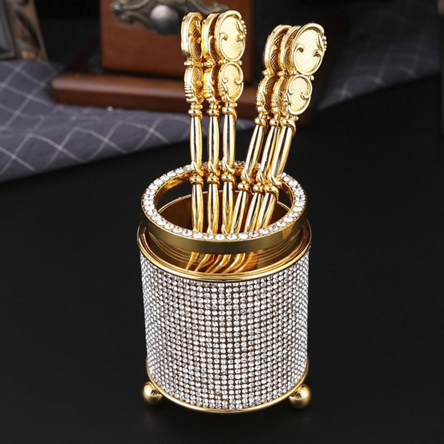 Coffee Spoons Set with Holder, Long Handle Dessert Spoons, Gold Glass Jar with 6 Metal Flatware Spoons