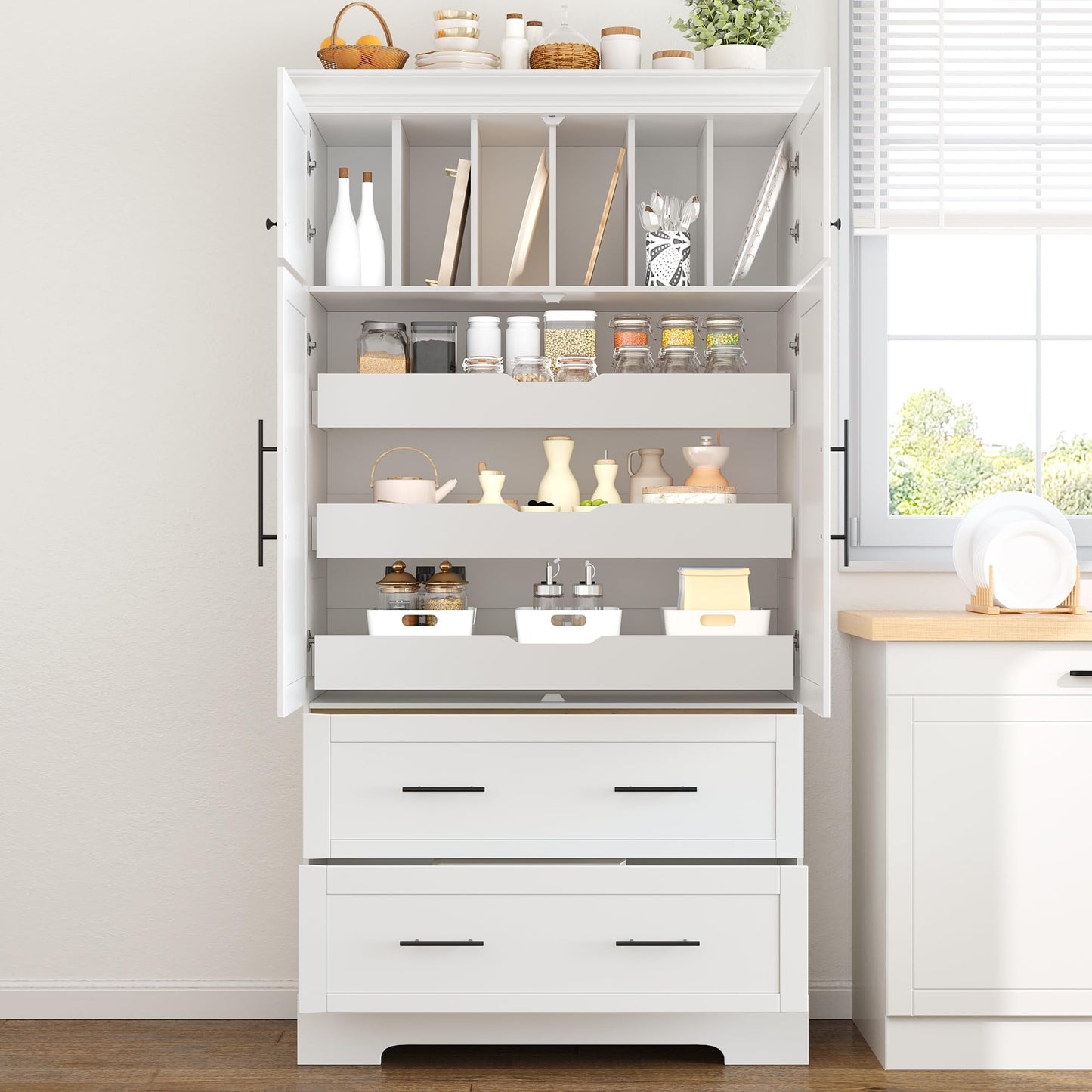 Merax 72.6" Farmhouse Kitchen Pantry Cabinet with Pull-Out Trays & Drawers, Freestanding Pantry with Cake Pan Storage, 4-Door Shaker Style Storage Cabinet, 40" L x 18" W, White
