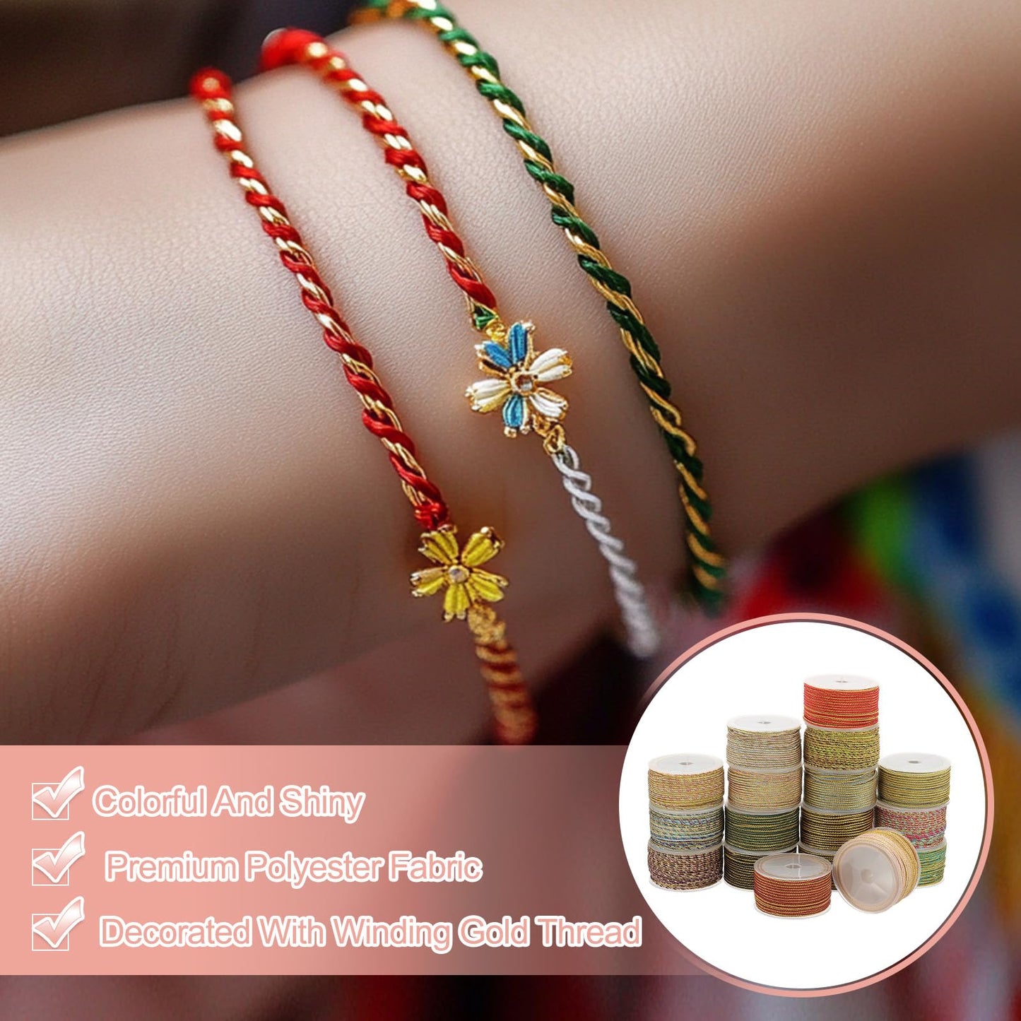 PATIKIL 15 Yards x 2.5 mm Braided Cord, Metallic Bracelet Knotting Macrame Cord Braiding Beading Thread Twine Rope for String Knitting DIY Jewelry Making Plant Wall Hanger, Gold