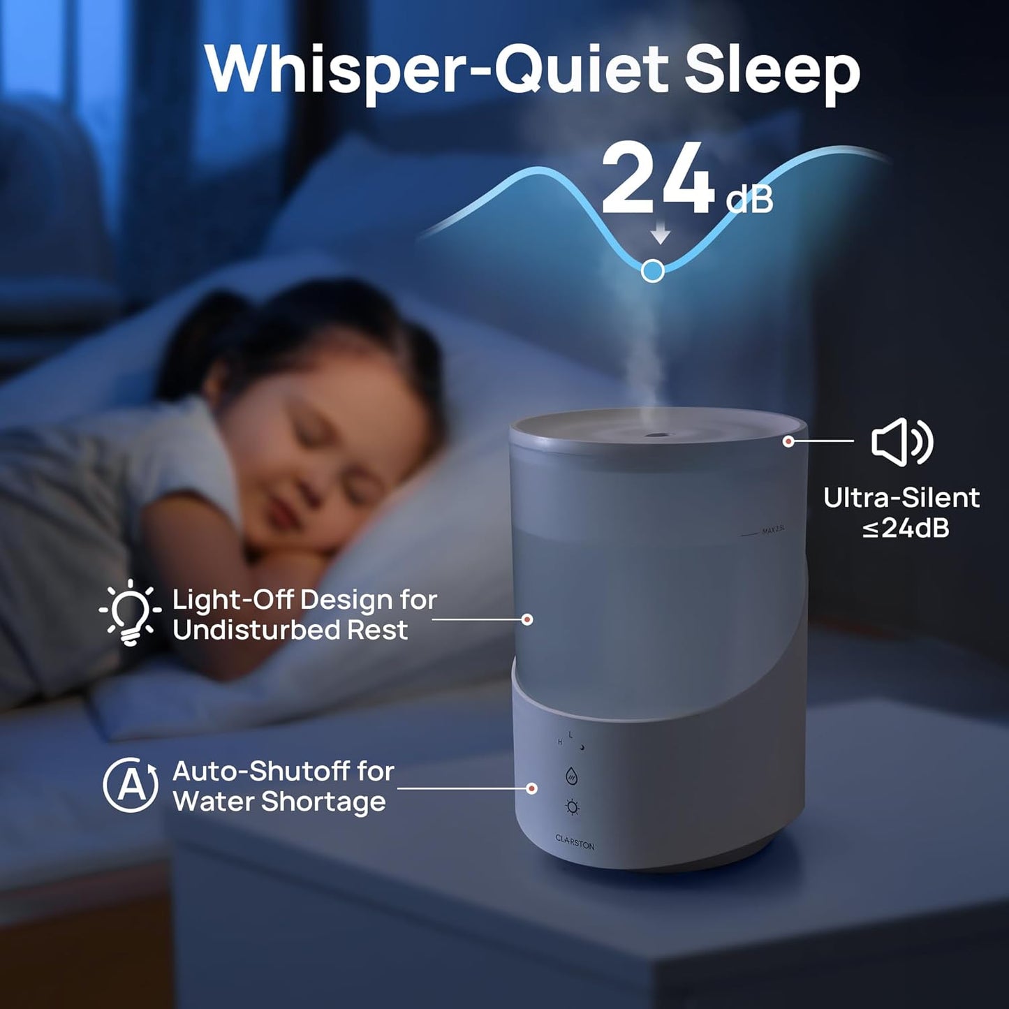 2.5L 25H Clarston Humidifiers for Bedroom, Cool Mist Humidifier with Essential Oils Diffuser and Nightlight, Top Fill