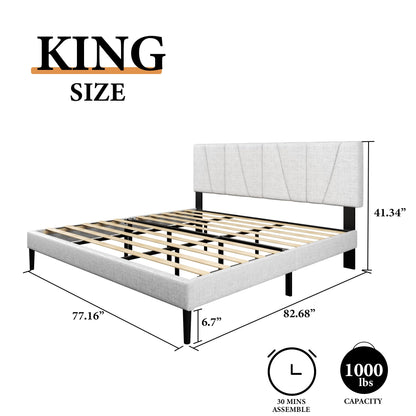 CXVX King Size Platform Bed Frame with Geometric Upholstered Headboard, Noise Free, Wooden Slats Support, No Box Spring Needed, Easy Assembly, Light Grey, Linen