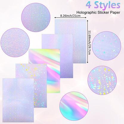 Kifmurase 100 Sheets Holographic Sticker Paper, Holographic Clear Vinyl Laminate Film, Transparent Overlay Lamination Sticker, Self-Adhesive Waterproof Rainbow Laminating Sheets with A4 Size