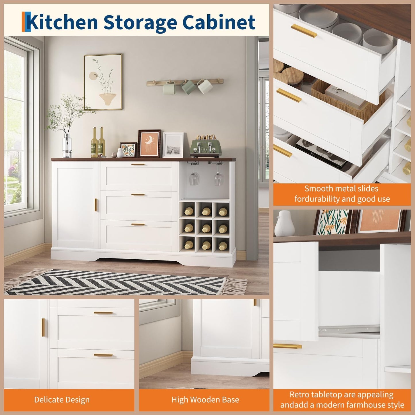 63 Inch Farmhouse Sideboard Buffet with Drawer Adjustable Shelves,Kitchen Island with Door-Back Rack for Snacks,Coffee Bar Buffet with Wine Racks Storage for Kitchen Entryway White and Walnut