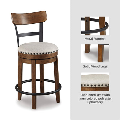 Signature Design by Ashley Valebeck Swivel Barstool With Back, Rustic-Industrial Wood and Metal, 360-Degree Swivel Counter Height Stool for Kitchen Island Seating, Linen Color