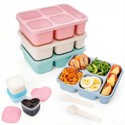 Bento Box Adult Lunch Box 5 Compartment Snack Containers for Kids, Reusable Food Storage Meal Prep Lunch Containers - Stackable BPA-Free Wheat Straw Bento Box for School, Work, Travel (4 Pack)