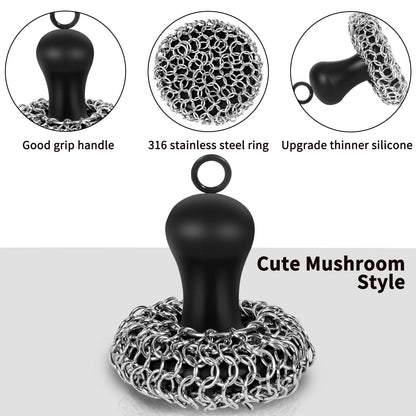 Cast Iron Cleaner Scrubber with Pan Scraper, Upgraded Chain Mail Scrubber Cast Iron Cleaning Kit, Metal Chainmail Scrubbing Sponge Scrub Brush to Clean Pan, Skillet, Grill, Dutch Oven, Wok