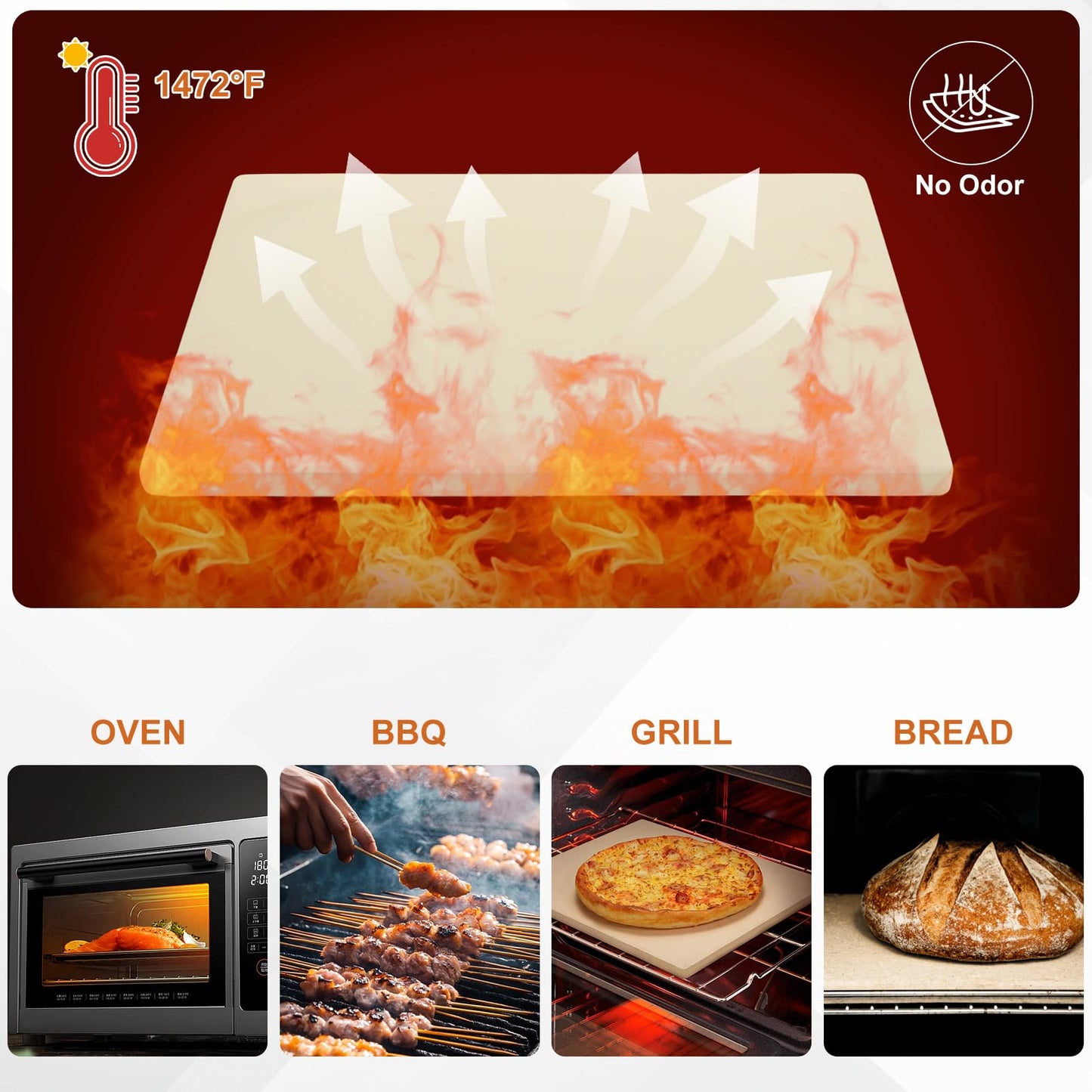 FVIEXE 4 PCS Oven Pizza Stone Set, 15 x 12 Inch Large Rectangle Pizza Stone with Wooden Pizza Peel, Pizza Cutter & 10PCS Cooking Paper for Oven & Outdoor Grill, Baking Stone Pan for Pizza, Bread