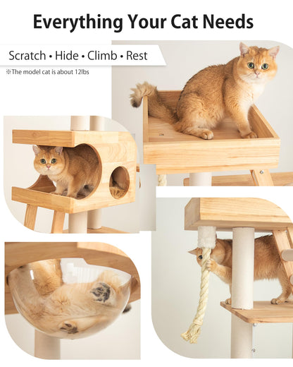 PETTIFUL Wood Cat Tree for Large Cats, 62-Inch Tall Modern Cat Tower with Condo & Scratching Posts - Easy to Clean, Heavy-Duty, Furniture-Grade Design for Stable Climbing, Eco-Friendly (White 62'')