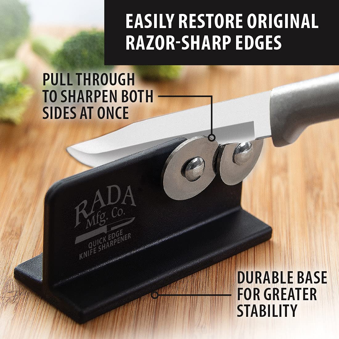Rada Cutlery Quick Edge Knife Sharpener (R119), 3.5" x 2", Stainless Steel Wheels