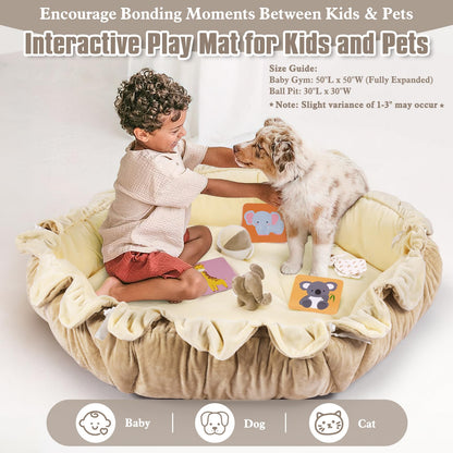 5-in-1 Plush Baby Play Gym, Activity Mat with Convertible Gym, Baby Gym 6 Sensory Toys, Play Center for Newborn to Toddler, Cream