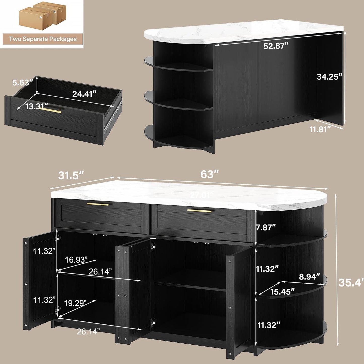 HSH 63” Large Kitchen Island with Seating, White Faux Marble Island Table with 2 Storage Drawers, Cabinets, 3 Open Shelves, Modern Counter Height Stationary Island Prep Table for Kitchen Dining Room