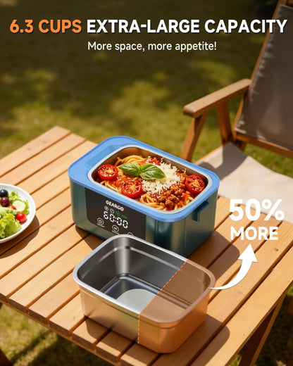 GEARGO 𝟐𝟎𝟐𝟔 𝐔𝐩𝐠𝐫𝐚𝐝𝐞𝐝 Cordless Electric Lunch Box, 6.3 Cups & 24000mAh Rechargeable Heated Lunch Box with Ice Crystal Box, 24 Hours Scheduled Self Heating Lunchbox For Men Women