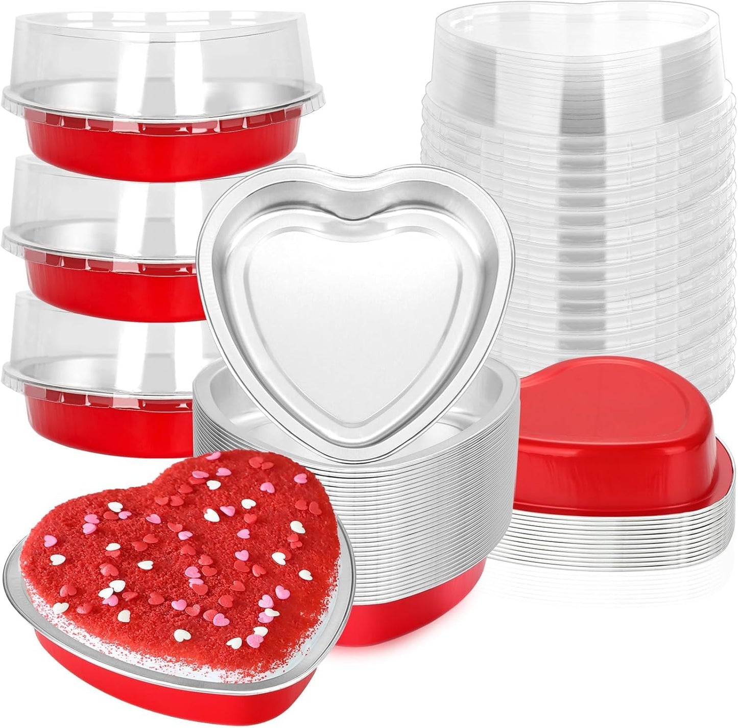 Modacraft 120 Pack Heart Shaped Cake Pans with Lids, 3.4oz Disposable Aluminum Foil Mini Cake Pans Cupcake Pans Flan Pan Dessert Baking Cup for Weddings Valentine Mother's Day Birthday Party Xmas