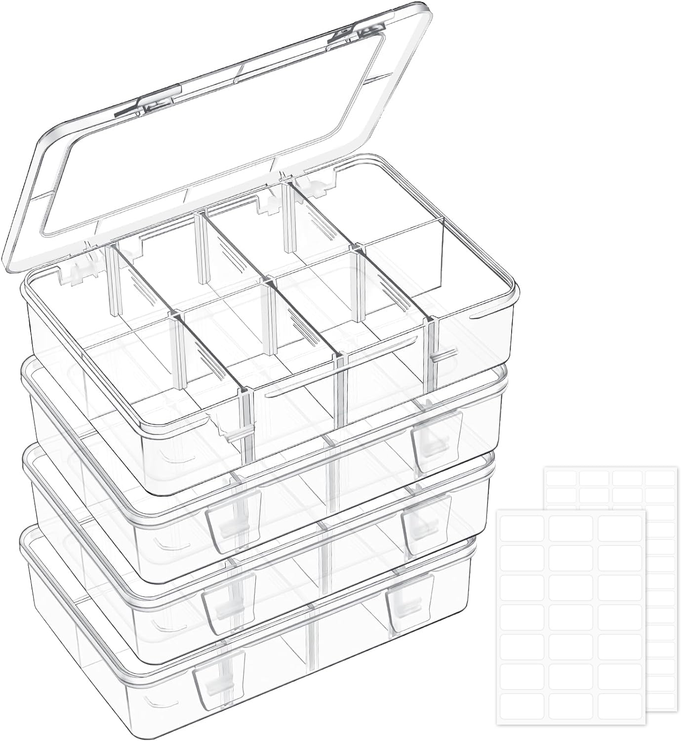 Mauproy 4 Pack 8 Grids Bead Organizer and Storage, Clear Plastic Storage Containers with Removable Dividers and Labels Small Tackle Box Organizer for Jewelry Crafts Electronics Small Parts