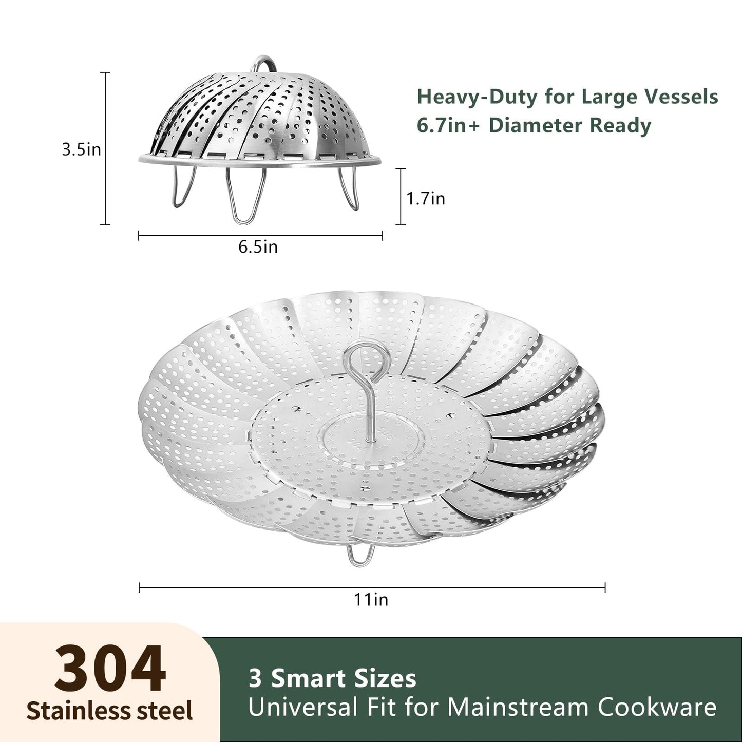 Cluren Steamer Basket for Cooking 304 Stainless Steel Entirely Thickened,Collapsible Steamer Insert for Pots, Fits Instant Pot/Skillets (6.5'' To 11‘’)