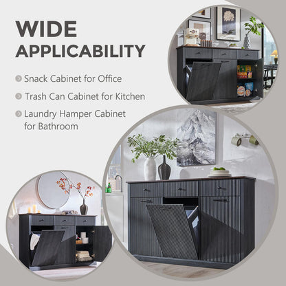 IFGET Triple Tilt Out Trash Can Cabinet, Modern Fluted Laundry Hamper Cabinet with 3 Drawers, 20 Gallon Hidden Wooden Garbage Can Cabinet w/Storage Basket & Adjustable Shelf, for Kitchen, Grey