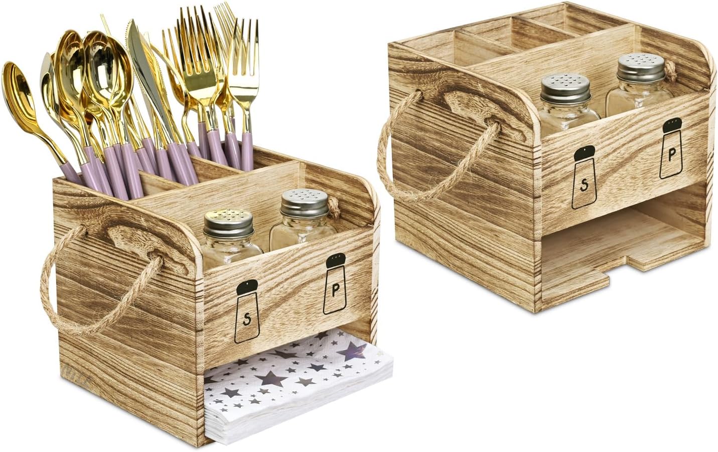 Ikee Design 2 Piece Wooden Utensil Caddy Set - Includes Free Salt Pepper Shaker, Oak Color Silverware Holder for Kitchen