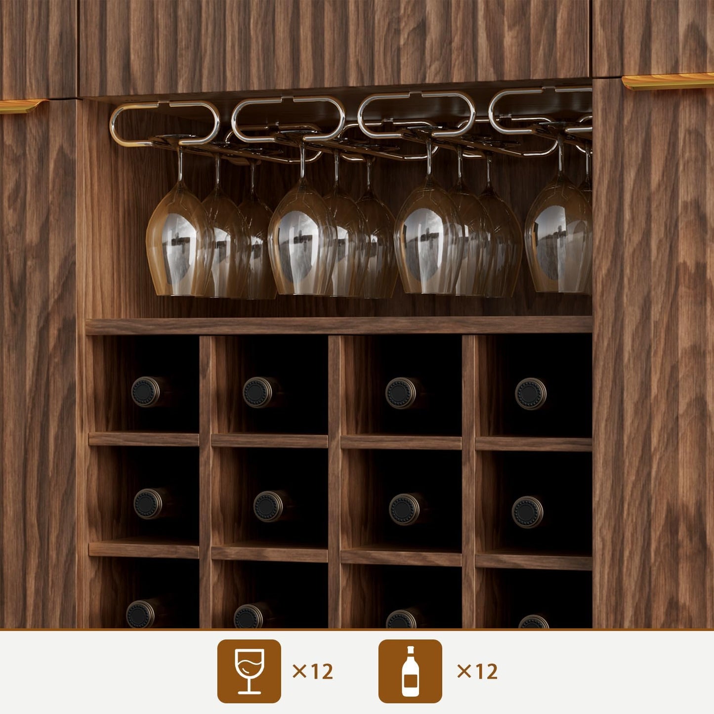 60" Wide Fluted Wine Bar Cabinet with Storage, Modern Buffet Sideboard with 2 Side Cabinets, 3 Drawers, Liquor Rack and Glass Holder, Adjustable Shelves, Alcohol Indoor Bars for Kitchen, Living Room