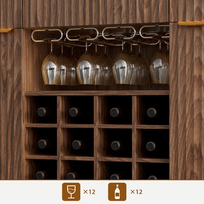 60" Wide Fluted Wine Bar Cabinet with Storage, Modern Buffet Sideboard with 2 Side Cabinets, 3 Drawers, Liquor Rack and Glass Holder, Adjustable Shelves, Alcohol Indoor Bars for Kitchen, Living Room