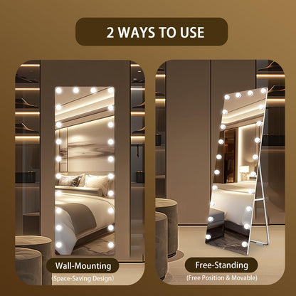 Kosmonia 66x22 Hollywood Full Length Mirror with Light, 22 Dimmable Bulbs & 3 Color Smart Touch Control, Distortion Free, Tempered Glass, Safe Full Body Mirrors with Stand