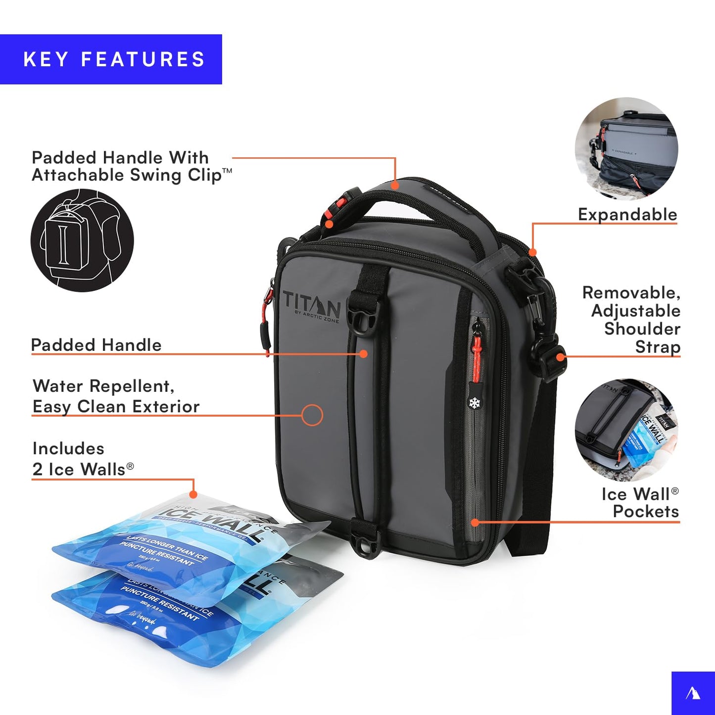 Titan by Arctic Zone Expandable Lunch Box with 2 Gel Ice Packs, Fridge Cold Insulated Cooler Bag with Leak Proof Lining for Men and Women, Sharkskin Gray