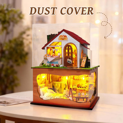 Foyucool Miniature House Kit, DIY Dollhouse Kits with Lights and Dust Cover, The for Family & Friends, Creative Craft Kit with Two-Story Bakery & Forest Basement