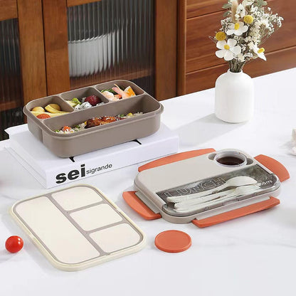 Scizorito Bento Box Adult Lunch Box, 44 oz Containers with 4 Compartments, Lunchable Food Container with Utensils, Sauce Jar, Microwave & Dishwasher Safe (White-Grey)