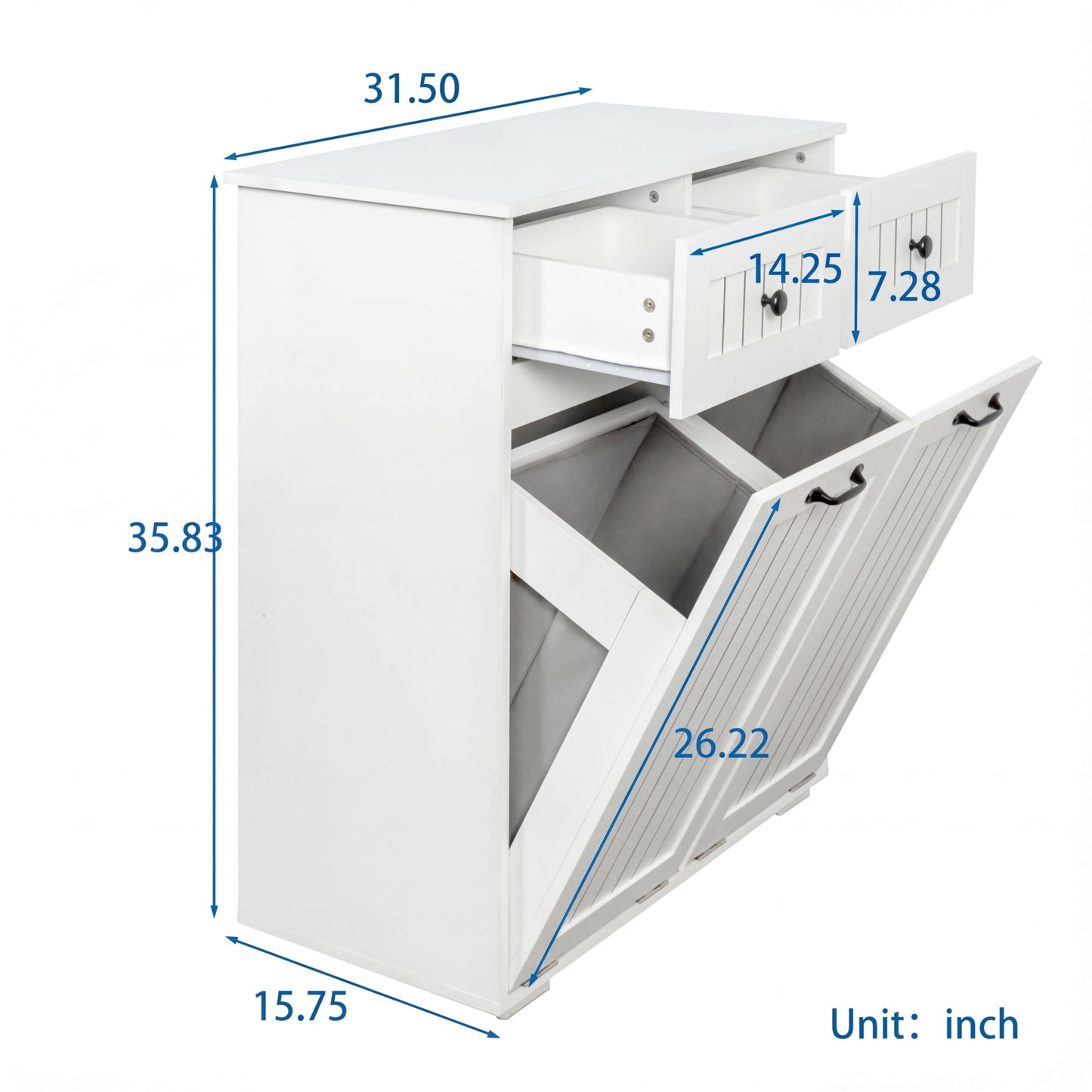 FEBORY White Laundry Cabinet with 2 Removable Hamper Baskets and 2 Drawers, Particle Board and MDF, 31.5 x 15.75 x 35.83 Inches