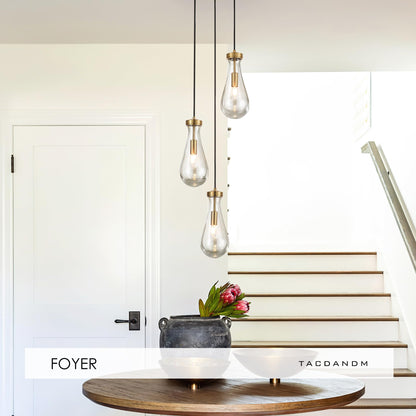 TACDANDM 3-Light Raindrop Pendant Light Fixtures, Brass Glass Pendant Lighting, Teardrops Modern Hanging Light for Entryway Foyer Kitchen Island Dining Living Room Hallway